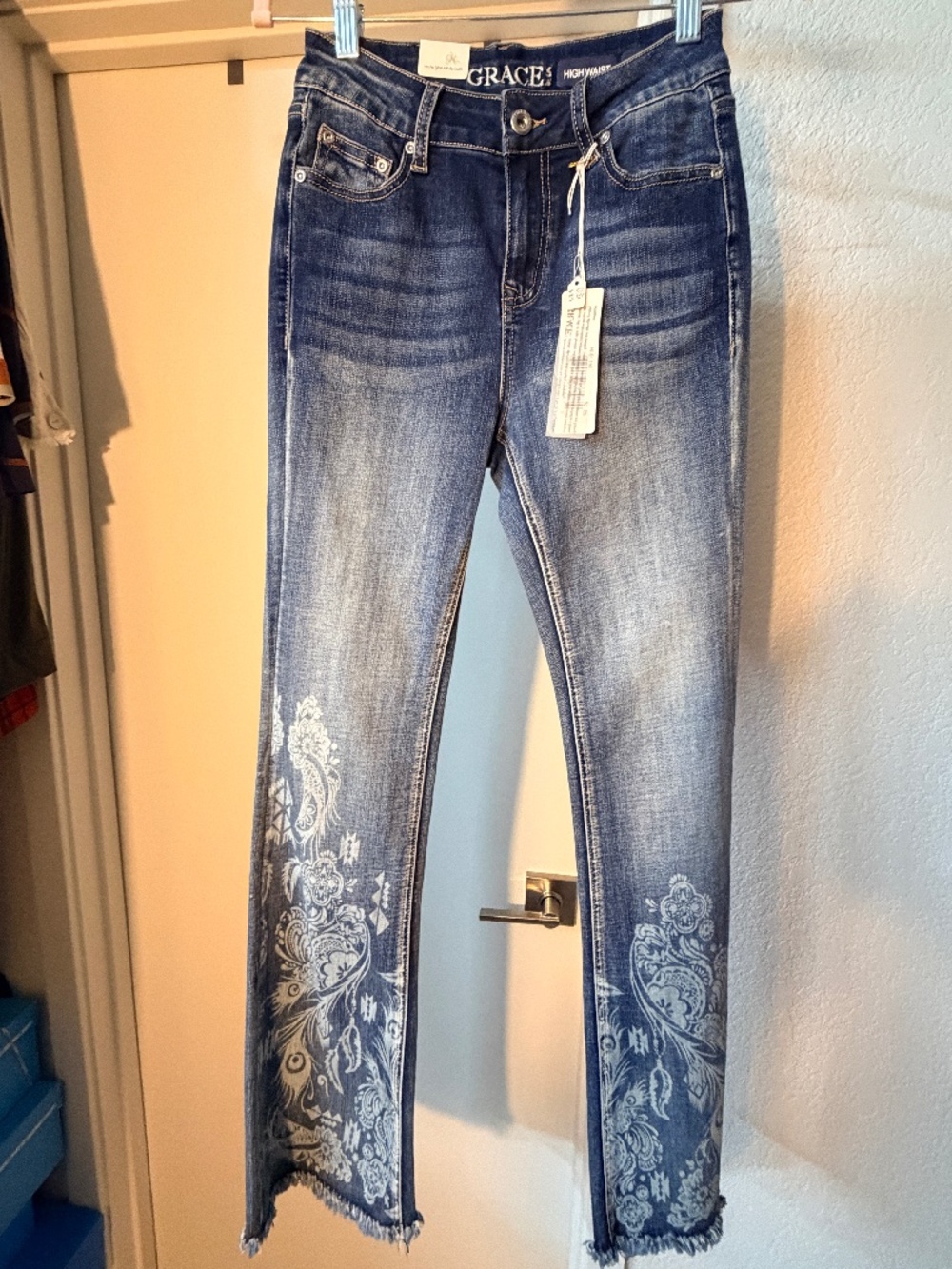 Grace in LA Easy Fit Women's Floral Abstract Frayed Flare Jeans (HL61749)  S26